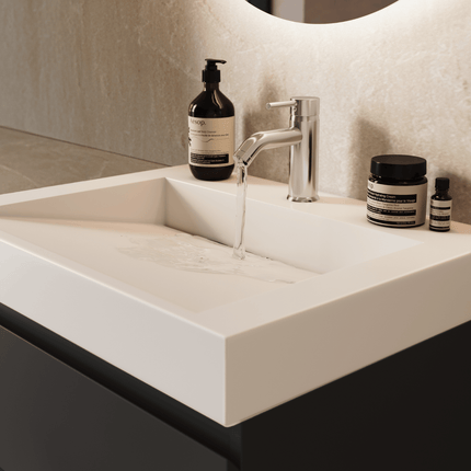 Meuble de salle de bain suspendu avec lavabo en marbre minéral - Noir et blanc - 60 cm - Azuro