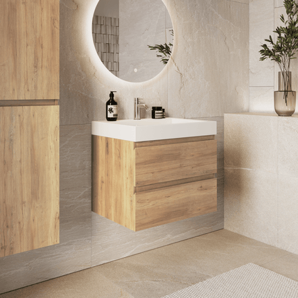 Meuble de salle de bains suspendu finition chêne clair avec vasque inclinée en marbre minéral - blanc - 60 cm - Azuro