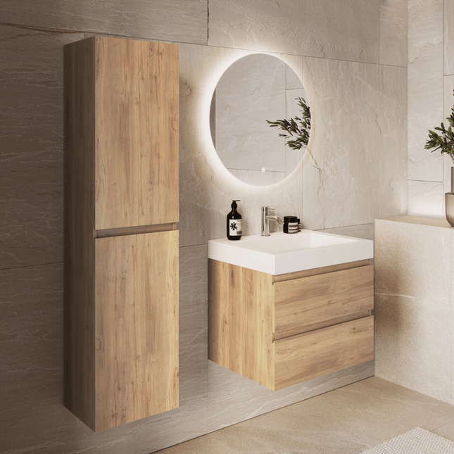 Meuble de salle de bains suspendu finition chêne clair avec vasque inclinée en marbre minéral - blanc - 60 cm - Azuro