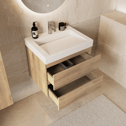 Meuble de salle de bain suspendu finition chêne clair avec vasque en marbre minéral - blanc - 60 cm - Zarivo