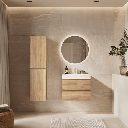 Meuble de salle de bains suspendu finition chêne clair avec vasque inclinée en marbre minéral - blanc - 60 cm - Azuro