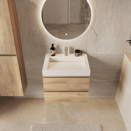 Meuble de salle de bains suspendu finition chêne clair avec vasque inclinée en marbre minéral - blanc - 60 cm - Azuro