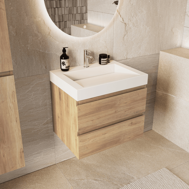 Meuble de salle de bain suspendu finition chêne clair avec vasque en marbre minéral - blanc - 60 cm - Zarivo