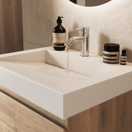 Meuble de salle de bains suspendu finition chêne clair avec vasque inclinée en marbre minéral - blanc - 60 cm - Azuro