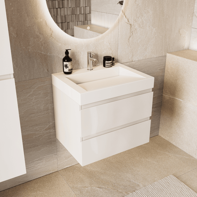 Meuble sous-vasque suspendu blanc brillant avec vasque marbre minéral inclinée - 60 cm - Zarivo