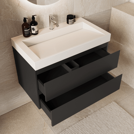 Meuble de salle de bain suspendu design épuré avec vasque en marbre minéral - Noir - 80 cm - Zarivo