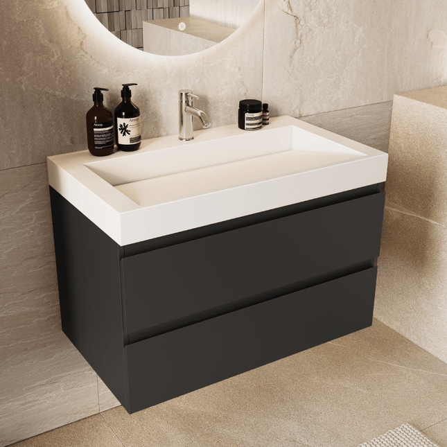 Meuble de salle de bain suspendu design épuré avec vasque en marbre minéral - Noir - 80 cm - Zarivo