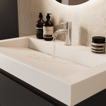 Meuble de salle de bain suspendu design épuré avec vasque en marbre minéral - Noir - 80 cm - Zarivo