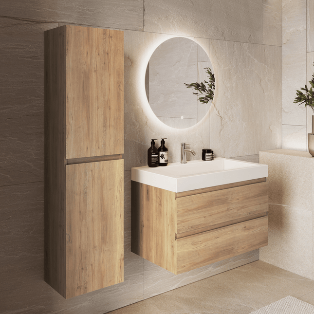 Meuble de salle de bain suspendu chêne avec lavabo incliné marbre minéral - blanc - 80 cm - Azuro