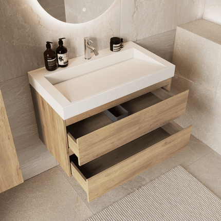 Meuble de salle de bain suspendu chêne clair avec vasque en marbre minéral blanche - 80 cm - Zarivo
