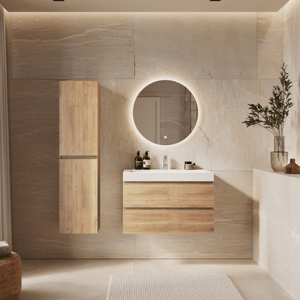 Meuble de salle de bain suspendu chêne avec lavabo incliné marbre minéral - blanc - 80 cm - Azuro