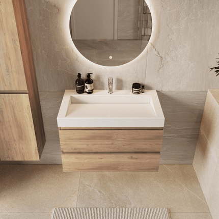 Meuble de salle de bain suspendu chêne avec lavabo incliné marbre minéral - blanc - 80 cm - Azuro