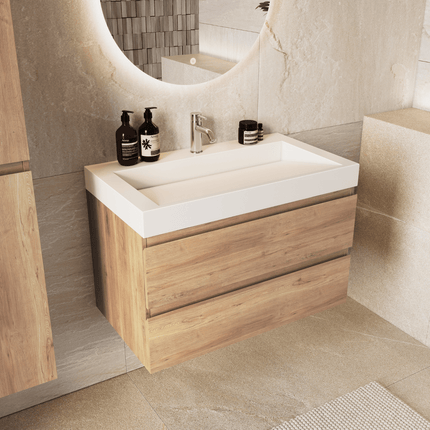 Meuble de salle de bain suspendu chêne clair avec vasque en marbre minéral blanche - 80 cm - Zarivo