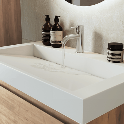 Meuble de salle de bain suspendu chêne avec lavabo incliné marbre minéral - blanc - 80 cm - Azuro