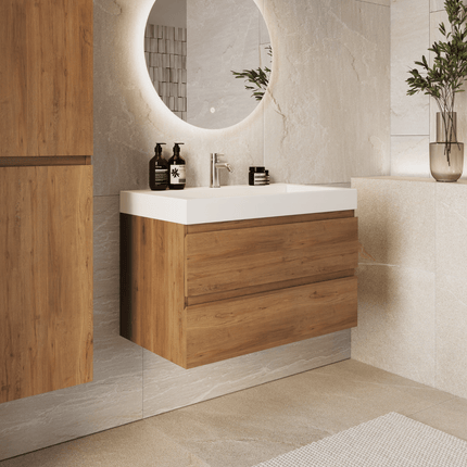 Meuble de salle de bain suspendu finition chêne chaud avec lavabo incliné en marbre minéral - blanc - 80 cm - Azuro