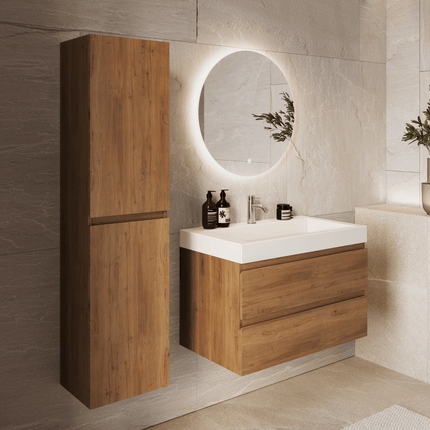 Meuble de salle de bain suspendu finition chêne chaud avec lavabo incliné en marbre minéral - blanc - 80 cm - Azuro