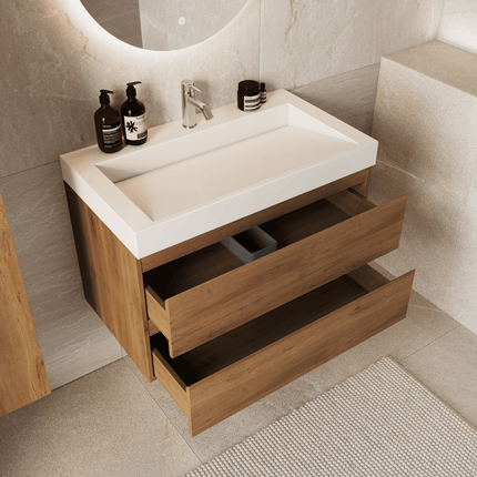 Meuble de salle de bain suspendu finition chêne chaud avec vasque en marbre minéral blanche - 80 cm - Zarivo