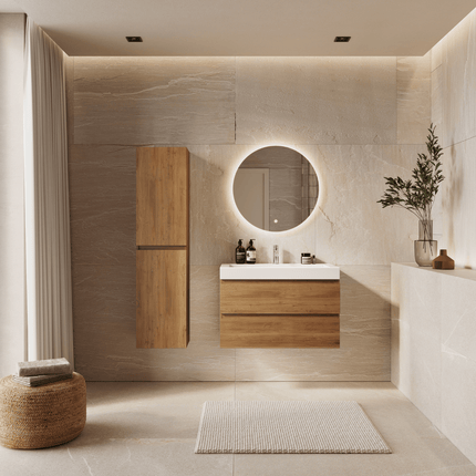 Meuble de salle de bain suspendu finition chêne chaud avec lavabo incliné en marbre minéral - blanc - 80 cm - Azuro
