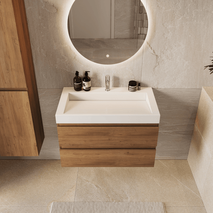Meuble de salle de bain suspendu finition chêne chaud avec lavabo incliné en marbre minéral - blanc - 80 cm - Azuro