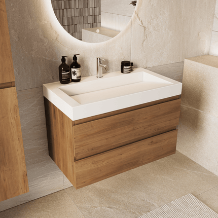 Meuble de salle de bain suspendu finition chêne chaud avec lavabo incliné en marbre minéral - blanc - 80 cm - Azuro