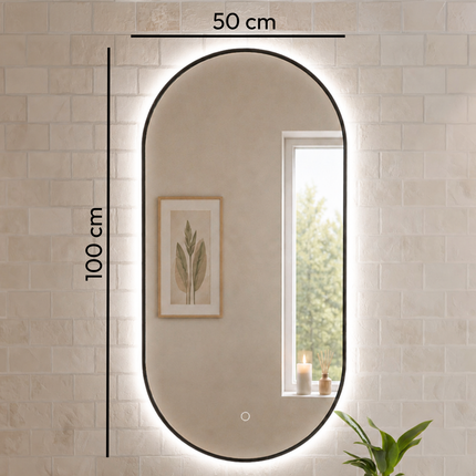 Miroir ovale avec éclairage LED réglable - noir - 100 cm - Tanger
