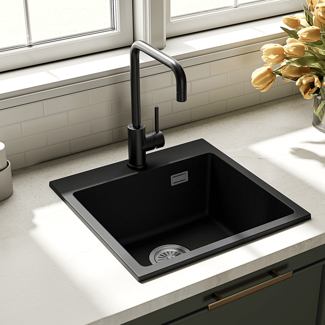 Évier en granit robuste avec siphon 2-en-1 - 45x45 cm - Alonso