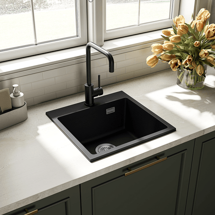 Évier en granit robuste avec siphon 2-en-1 - 45x45 cm - Alonso