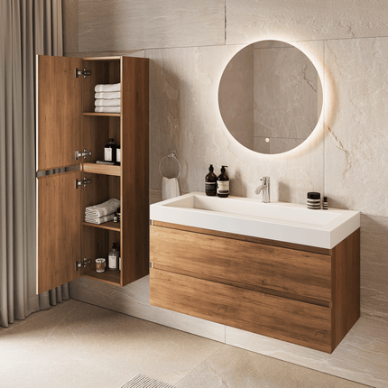 Meuble de salle de bains suspendu Warm Chêne avec lavabo incliné en marbre minéral - Blanc - 100 cm - Azuro