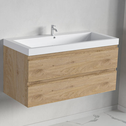 Meuble de salle de bain suspendu avec vasque blanche - Chêne clair - 100 cm - Avalon