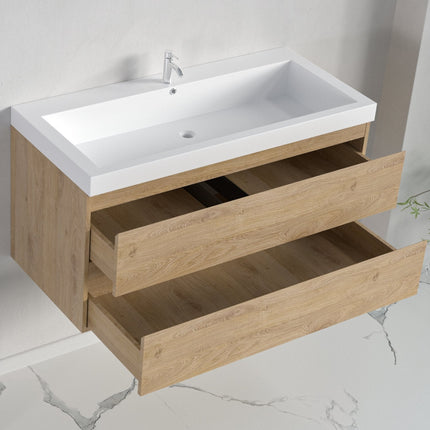 Meuble de salle de bain suspendu avec vasque blanche - Chêne clair - 100 cm - Avalon
