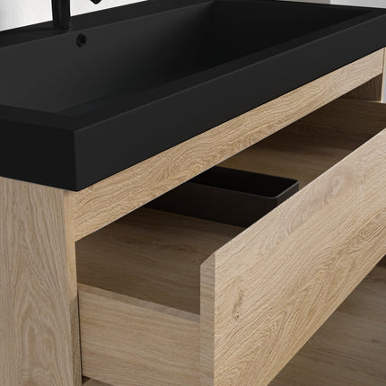 Meuble de salle de bain suspendu avec vasque noire - Chêne clair - 100 cm - Avalon
