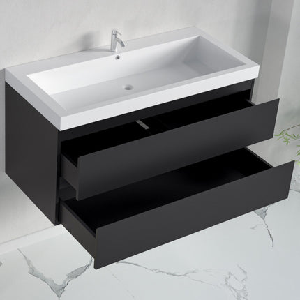 Meuble de salle de bain suspendu design avec vasque blanche - Noir mat - 100 cm - Avalon