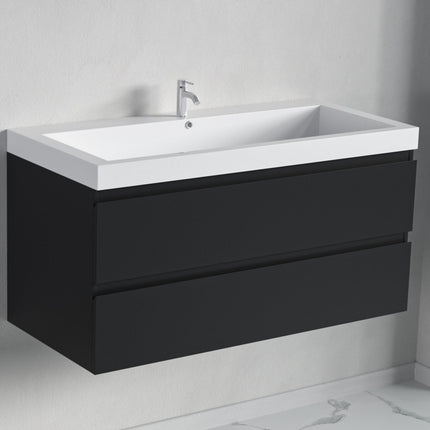Meuble de salle de bain suspendu design avec vasque blanche - Noir mat - 100 cm - Avalon