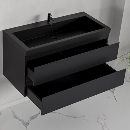 Ensemble meuble de salle de bain suspendu mat noir avec vasque noire - 100 cm - Avalon