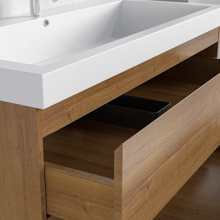 Meuble de salle de bain suspendu finition chêne chaud avec vasque blanche - 100 cm - Avalon