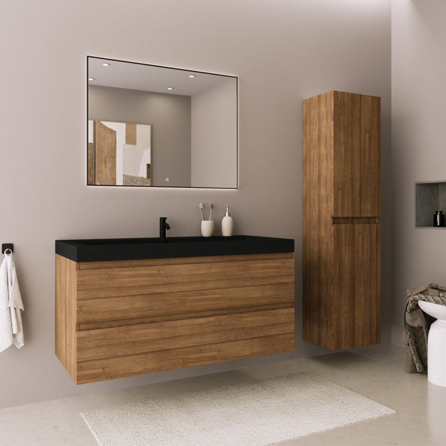Ensemble meuble de salle de bain suspendu finition chêne chaud avec vasque noire - 100 cm - Avalon