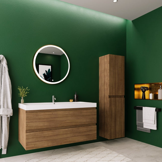 Meuble de salle de bain suspendu finition chêne chaud avec vasque blanche - 100 cm - Avalon