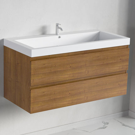 Meuble de salle de bain suspendu finition chêne chaud avec vasque blanche - 100 cm - Avalon