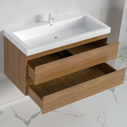Meuble de salle de bain suspendu finition chêne chaud avec vasque blanche - 100 cm - Avalon