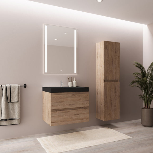 Meuble de salle de bain suspendu avec vasque noire - Chêne clair - 60 cm - Avalon