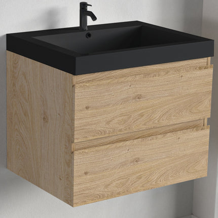 Meuble de salle de bain suspendu avec vasque noire - Chêne clair - 60 cm - Avalon