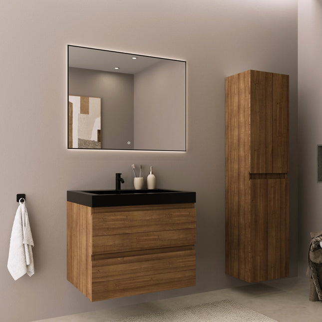 Ensemble meuble de salle de bain suspendu avec vasque noire - Chêne chaud - 60 cm - Avalon