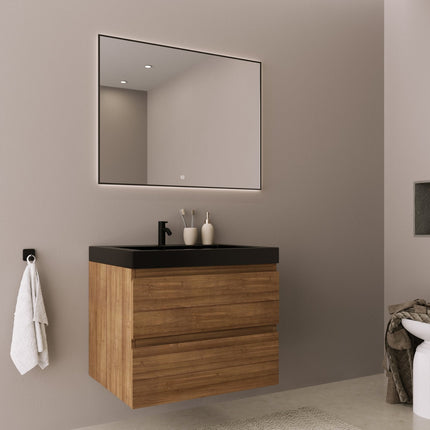 Ensemble meuble de salle de bain suspendu avec vasque noire - Chêne chaud - 60 cm - Avalon