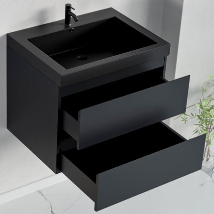 Ensemble meuble de salle de bain suspendu avec vasque noire - Noir mat - 60 cm - Avalon
