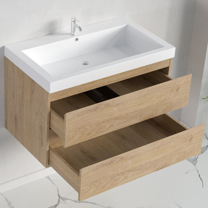 Ensemble meuble de salle de bain suspendu avec vasque blanche - Chêne clair - 80 cm - Avalon