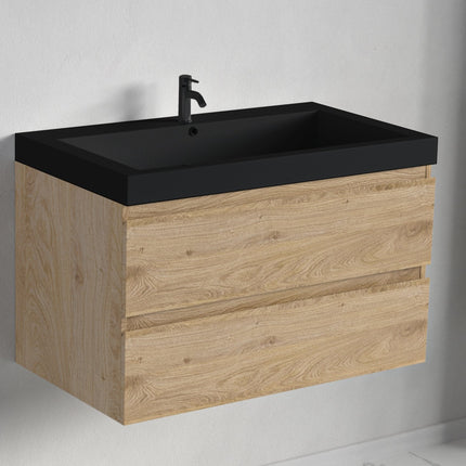 Ensemble meuble de salle de bain suspendu avec vasque noire - Chêne clair - 80 cm - Avalon