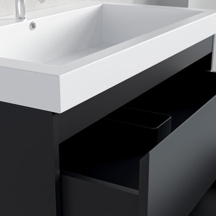 Meuble de salle de bain suspendu design mat noir avec vasque blanche - 80 cm - Avalon