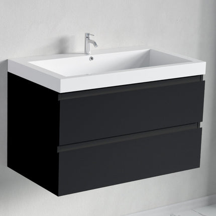 Meuble de salle de bain suspendu design mat noir avec vasque blanche - 80 cm - Avalon