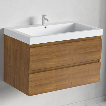 Meuble de salle de bain suspendu avec vasque blanche - Chêne chaud - 80 cm - Avalon