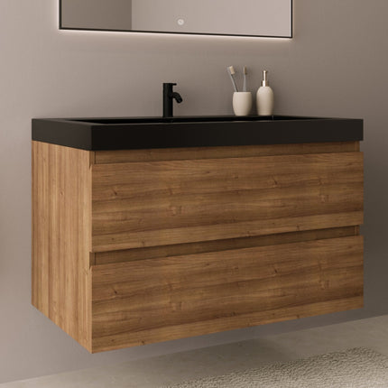 Meuble de salle de bain suspendu avec vasque noire - Chêne chaud - 80 cm - Avalon